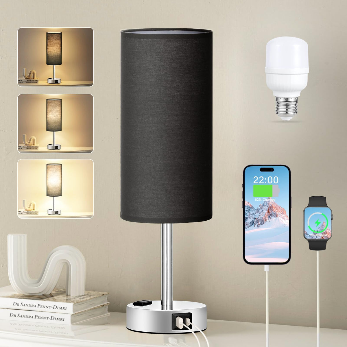 Fenmzee Bedside Table Lamp for Bedroom - 3 Way Dimmable Touch Lamp USB C Charging Ports and AC Outlet, Small Lamp Wood Base Round Flaxen Fabric Shade for Living Room, Desk, LED Bulb Included