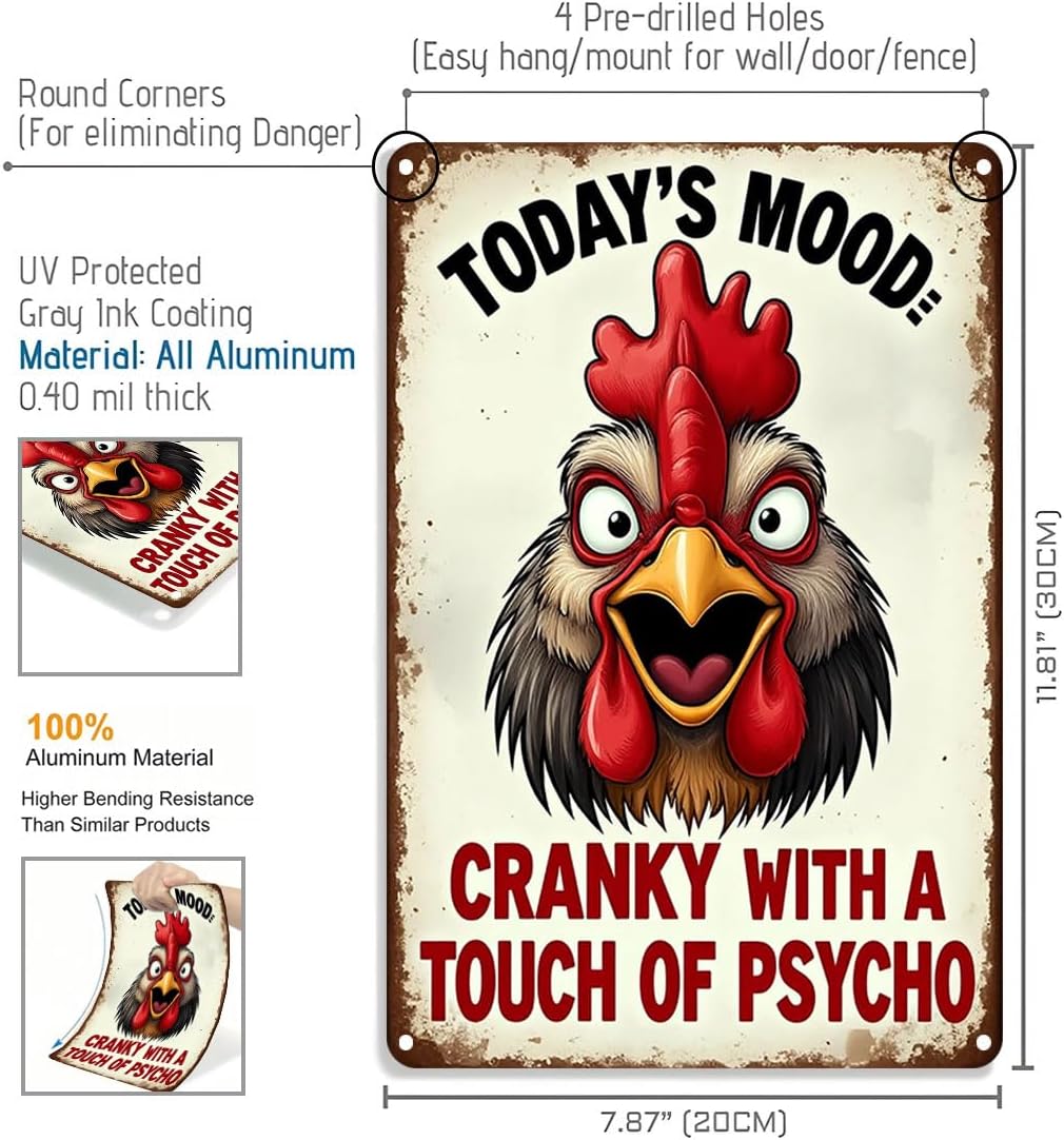 FunnySign Rooster Décor Today's Mood: Cranky With A Touch Of Psycho Rustic Tin Sign For Home Farm Chicken Coop Decor 8x12 Inch (9712)