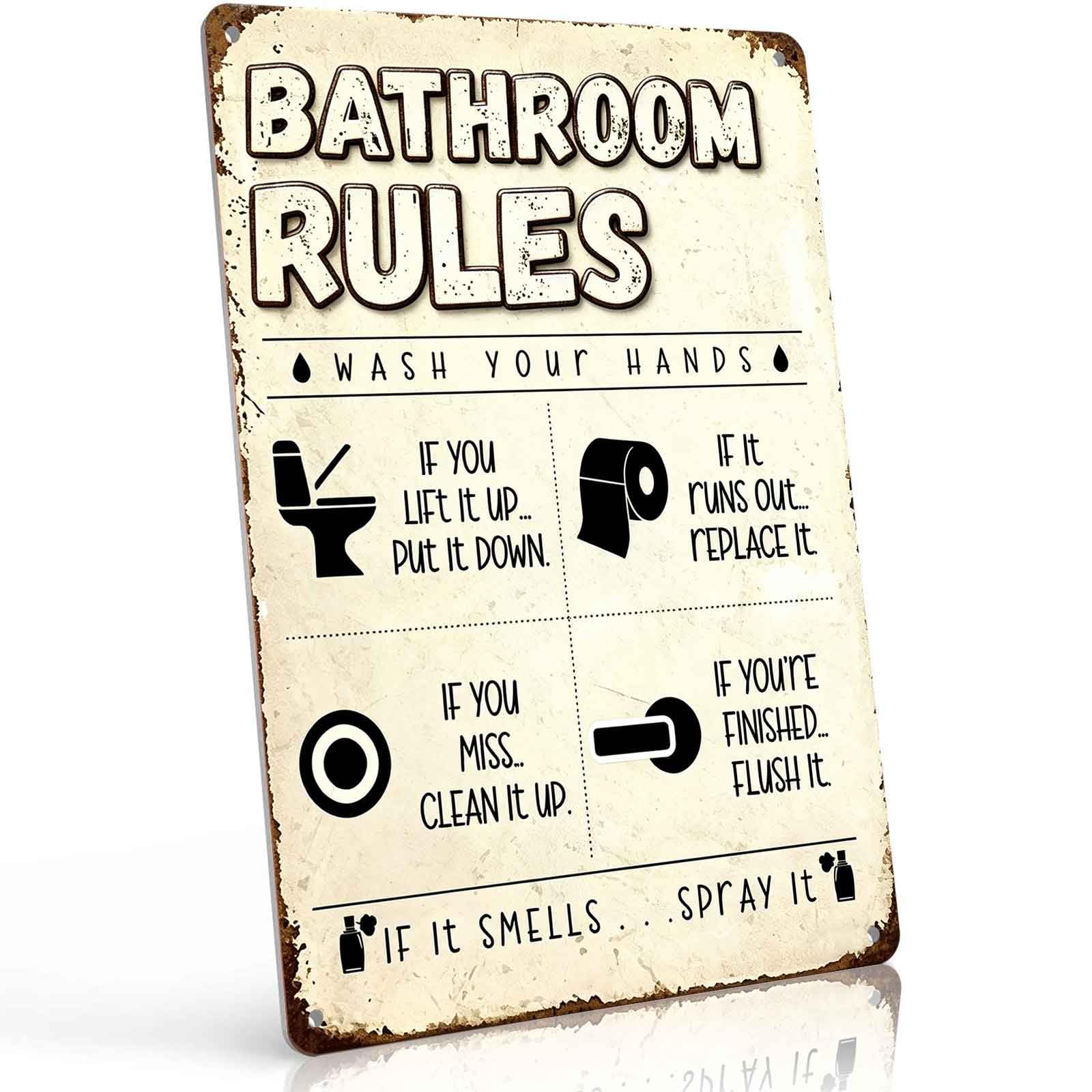 Vintage 'Bathroom Rules' Metal Tin Sign – Funny Wall Art for Bathroom Decor, 8x12 Inch