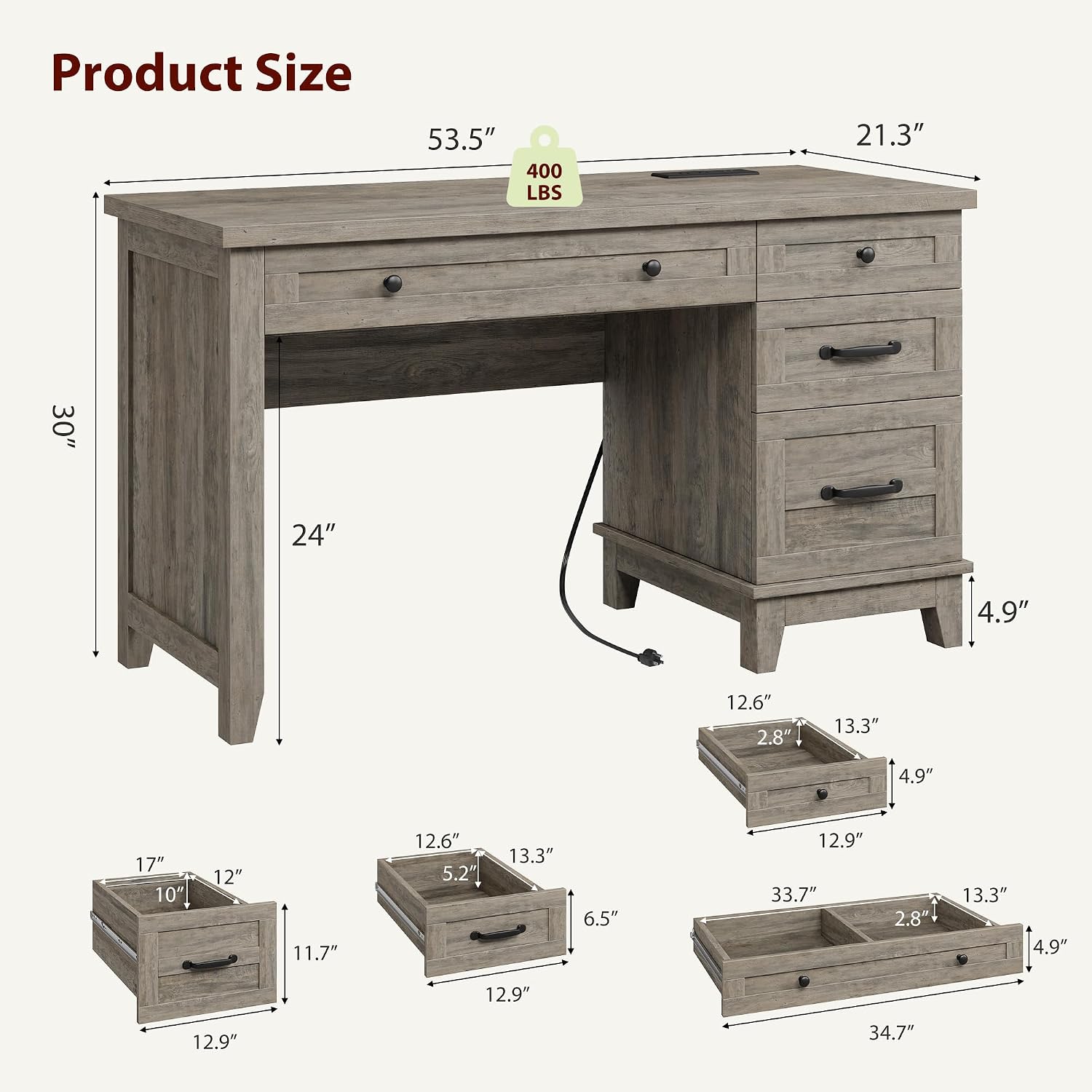 Garvee 53.5" Wooden Home Office Desk with File Drawers, Executive Desk with Power Outlet, Farmhouse Wood Desk with Storage, Distressed Study and Work Table, Rustic Grey