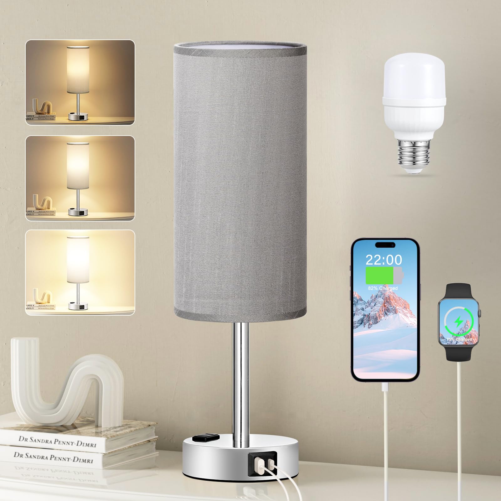 Fenmzee Bedside Table Lamp for Bedroom - 3 Way Dimmable Touch Lamp USB C Charging Ports and AC Outlet, Small Lamp Wood Base Round Flaxen Fabric Shade for Living Room, Desk, LED Bulb Included