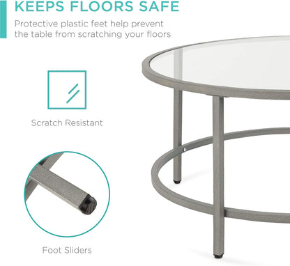 Best Choice Products 36in Modern Round Tempered Glass Accent Side Coffee Table for Living Room, Dining Room, Tea, Home Décor w/Metal Frame, Non-Marring Foot Caps - Gray