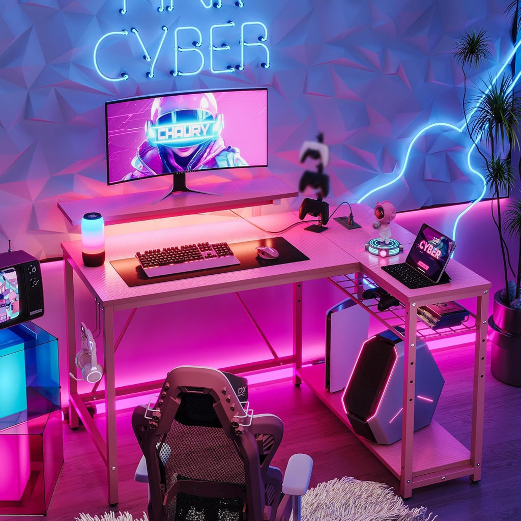 Bestier White Computer Desk with Charging Port & LED Strip,42 inch Modern Gaming Desk with Reversible Storage Shelves,Small L Shaped Desk with Hooks for Home Office
