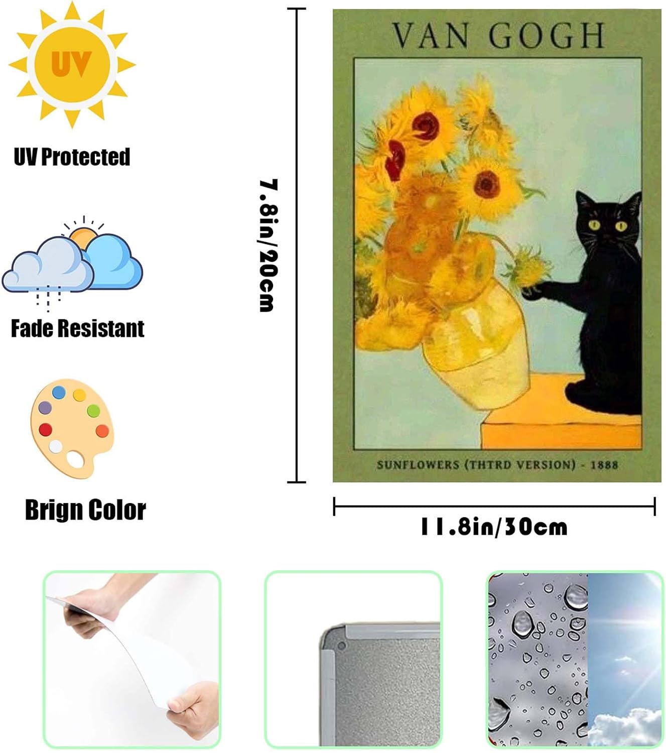 Van Gogh Sunflowers Black Cat Metal Tin Sign - Funny Art Parody Wall Decor, Vintage Floral Cat Lover Gift for Home, Office, & Art Enthusiasts,or Covered Patios, 8x12 Inches