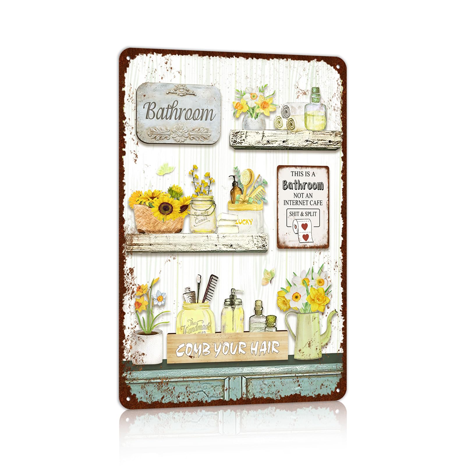 Vintage Farmhouse Bathroom Metal Tin Signs Rustic Flower Country Wall Art Decor 8X12 Inches