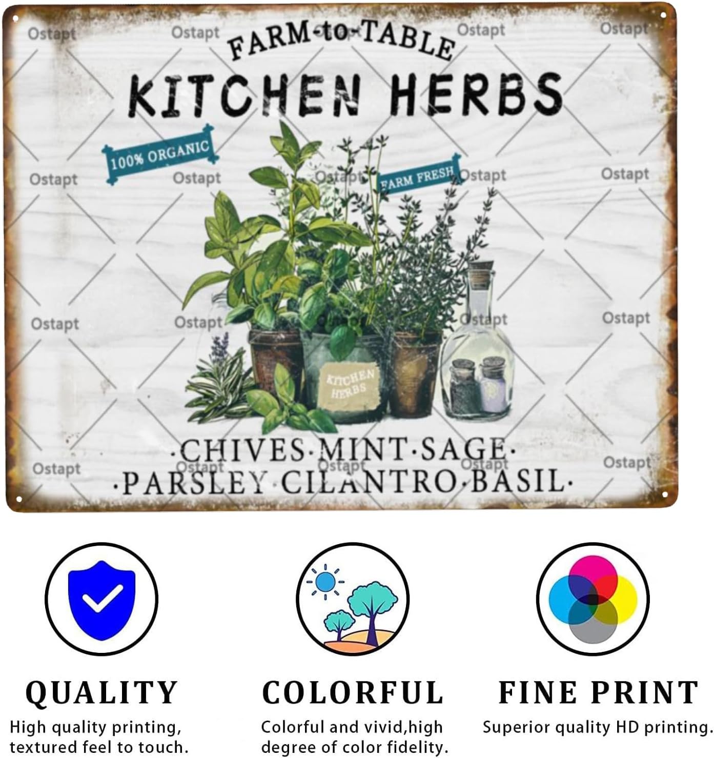 Kitchen Herbs Farm To Table Farm Fresh 100% Organic Vintage Retro Metal Tin Sign Funny Garden Poster For Home Living Room Bedroom Garden Garage Bathroom Office Cafe Bar Decor Art Decor Indoor Outdoor Metal Plaque Tin Sign 8x12 Inch