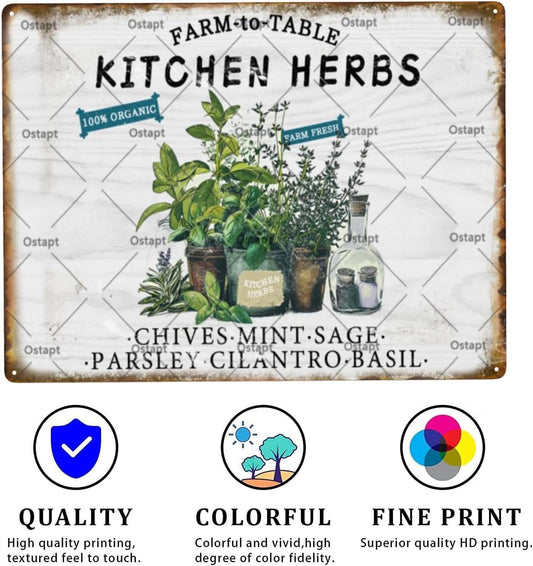 Kitchen Herbs Farm To Table Farm Fresh 100% Organic Vintage Retro Metal Tin Sign Funny Garden Poster For Home Living Room Bedroom Garden Garage Bathroom Office Cafe Bar Decor Art Decor Indoor Outdoor Metal Plaque Tin Sign 8x12 Inch