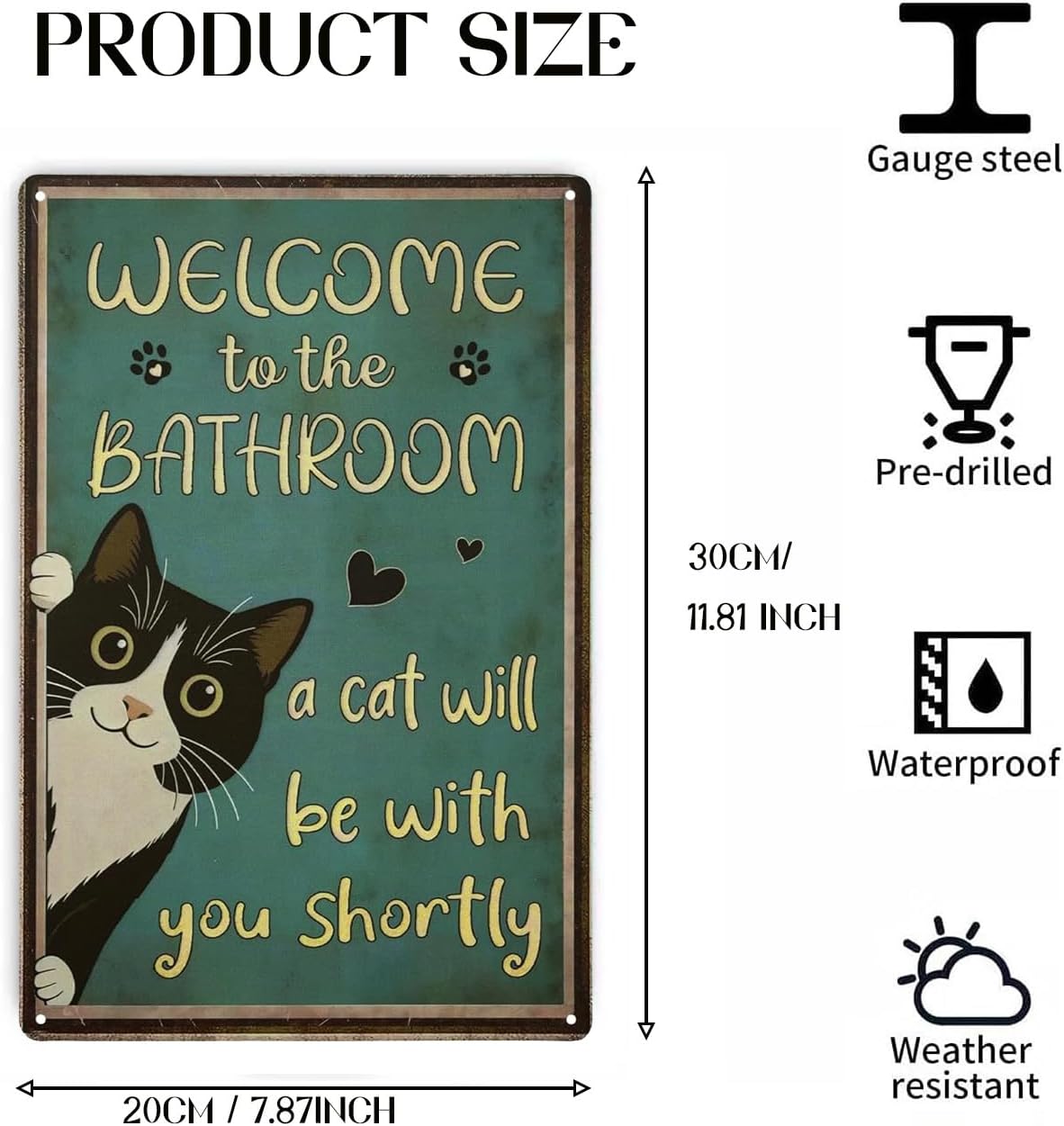 Funny Bathroom Sign Vintage Cat Tin Signs for Wall Decor 8" x 12" Funny Bathroom Signs Restroom Toilet Decor Metal Wall Plaque Poster (Welcome)
