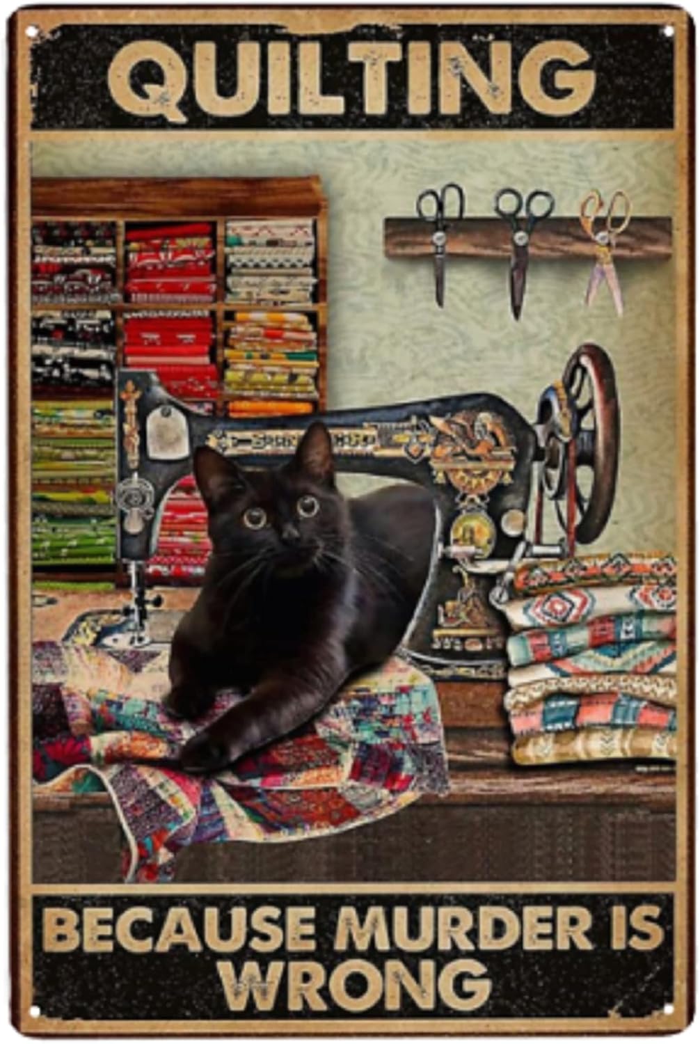 EMOHAT Quilting Because Murder Is Wrong Black Cat For Sewing Room Decor Gifts Best Decor Gift Ideas For Friends Metal Tin Painting Wall Decoration 8x12 Inch