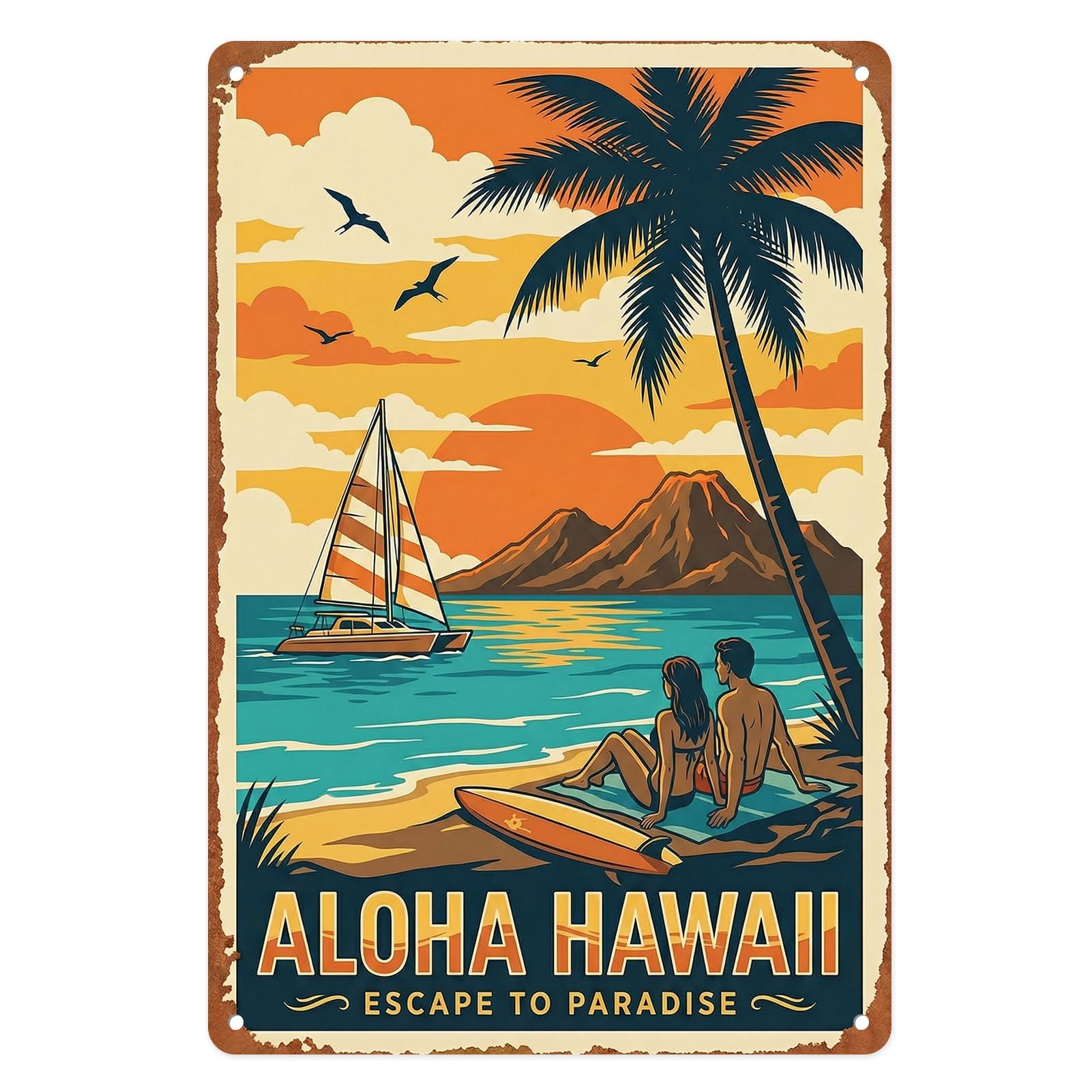 Beach Coastal Tropical Metal Tin Sign Wall Decor, Vintage Inspirational 8x12 Inch Wall Art for Lake House Coastal Beachy Room Cottage Cabin