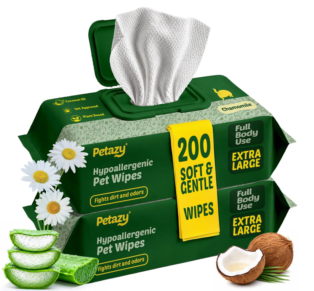 Petazy Pet Wipes for Dogs and Cats – 400 Count (8x8in) Hypoallergenic, Deodorizing Dog Wipes for Paws, Ears and Butt | XL with Aloe & Coconut Oil, Lavender Scented | Includes 4 Grooming Glove Wipes