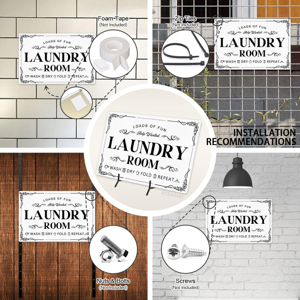 Laundry Room Tin Signs Loads of Fun Retro Laundry Metal Signs Wall Decor Laundry Rules Hanging Plaque Printed Accessories Decorations for Home (12 x 8 Inches, White)