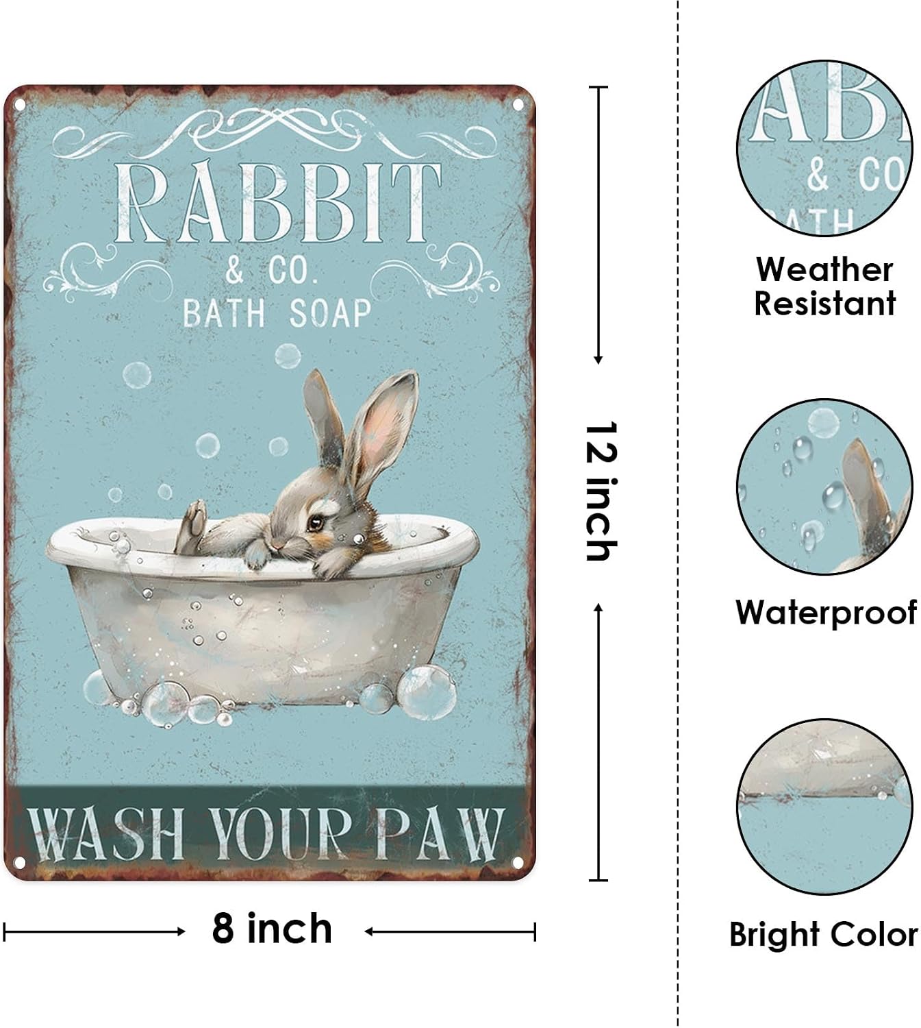 Wash Your Paws Bathroom Metal Sign Cute Rabbit Bath Soap Tin Sign For Office Toilet Bathroom Restroom Door Bar Hotel Club Plaque Guest Wall Decor Vintage Style Art Painting 12 X 8 Inch