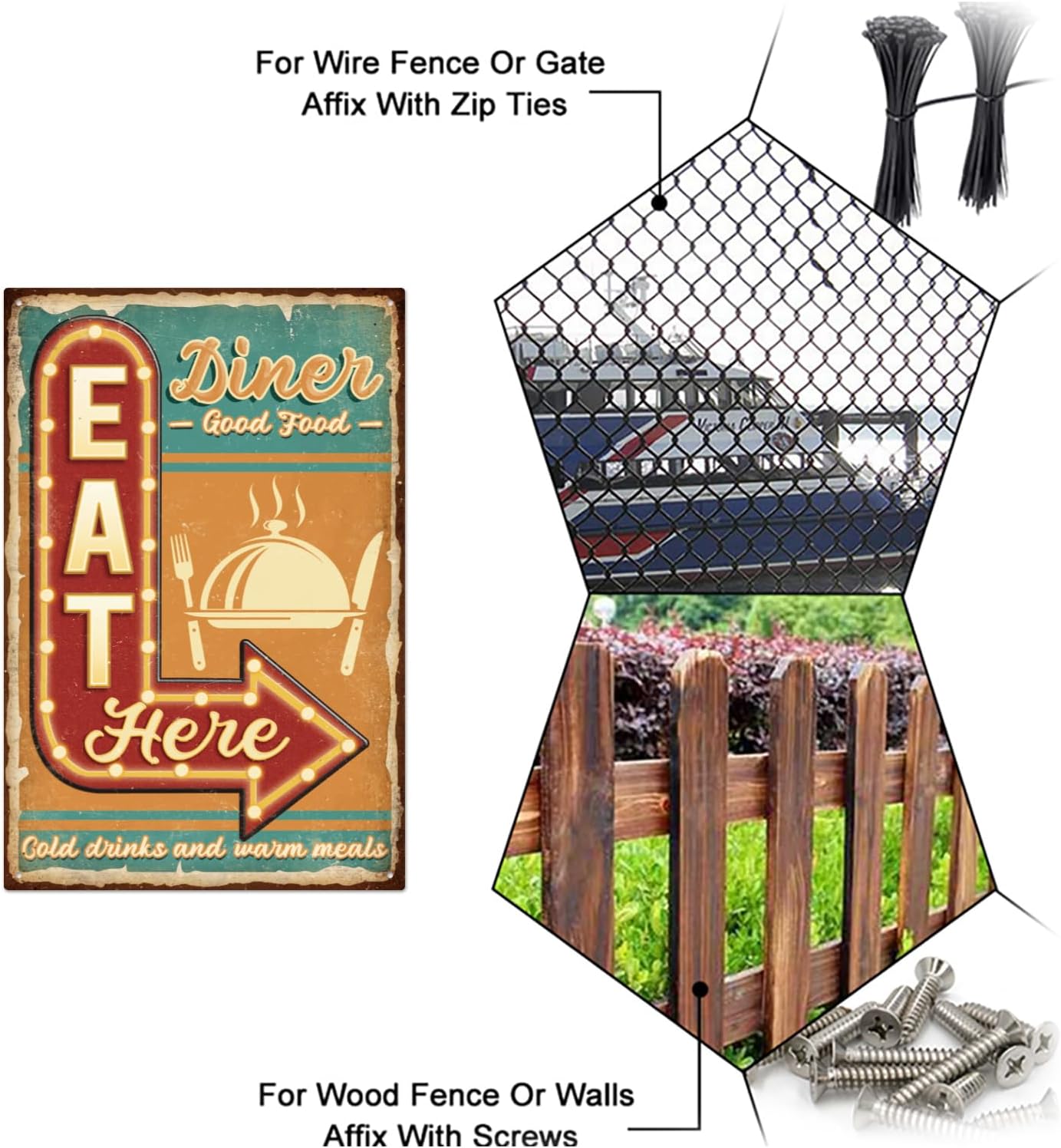 GLOBLELAND Dinner Eat Here Metal Tin Sign 8x12inch Vintage Good Food Art Plaque Poster Wall Decor for Home Kitchen Living Room Bedroom Kitchen Cafe Bar