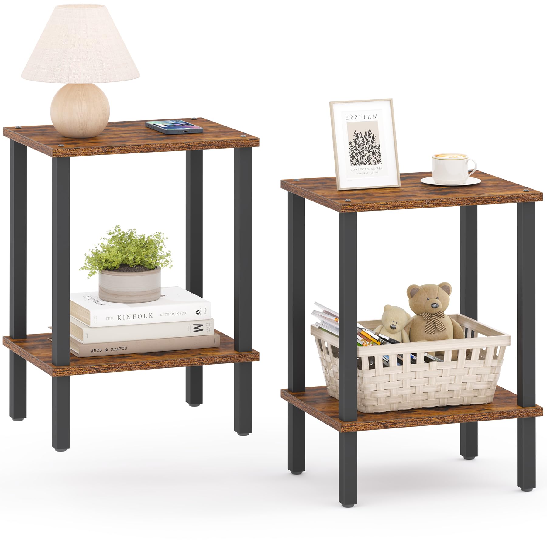 TUTOTAK End Table, Set of 2, Side Table, Nightstand, 2-Tier Storage Shelf, Sofa Table for Small Space, Living Room, Bed Room TB01BK035