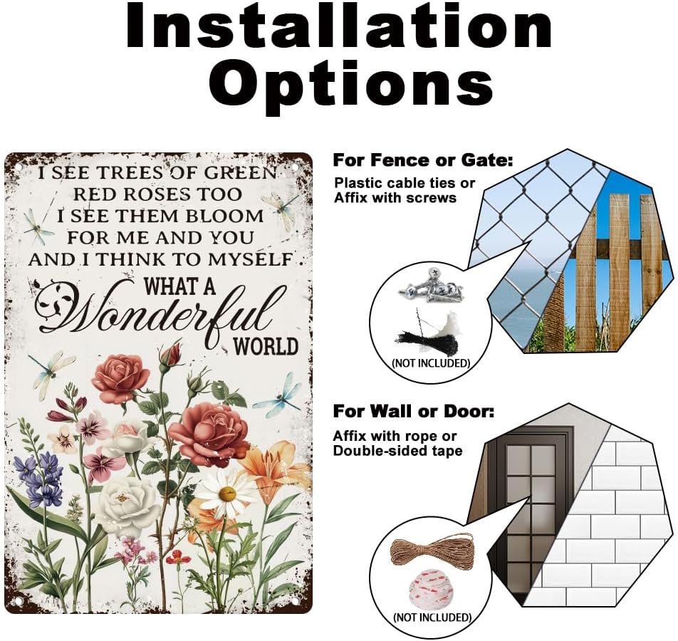 Vintage Flower Wall Decor Sign, What a Wonderful World Inspirational Quote Floral Wall Art, Metal Tin Poster for Home Bedroom Kitchen Cafe Bar Wall Decor Gift 8 x 12 Inch
