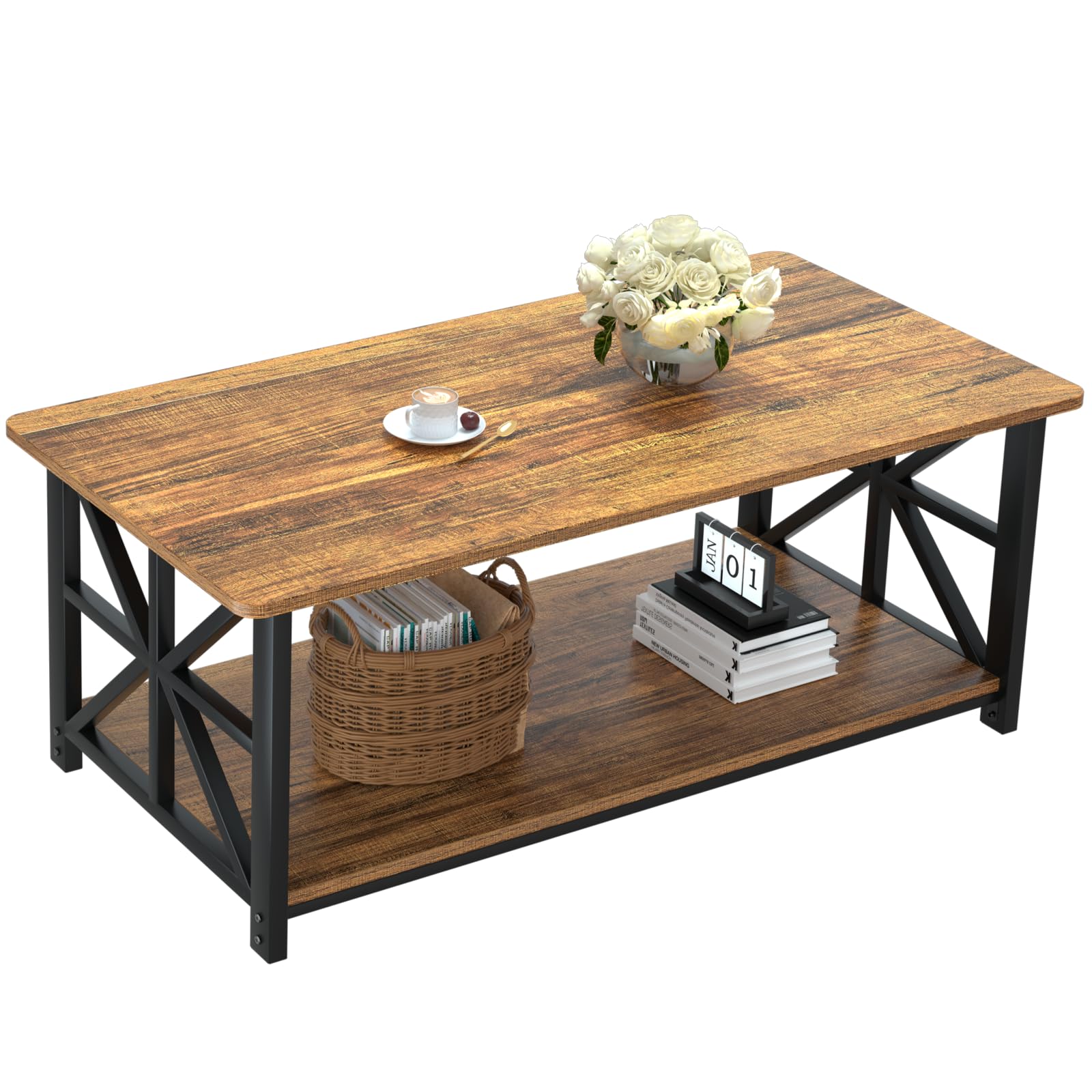 GreenForest Coffee Table for Living Room with Round Corners Farmhouse Style Center Table with Storage Shelf 39 Inch Space Saving Easy Assembly Gray Wash | for Living Room