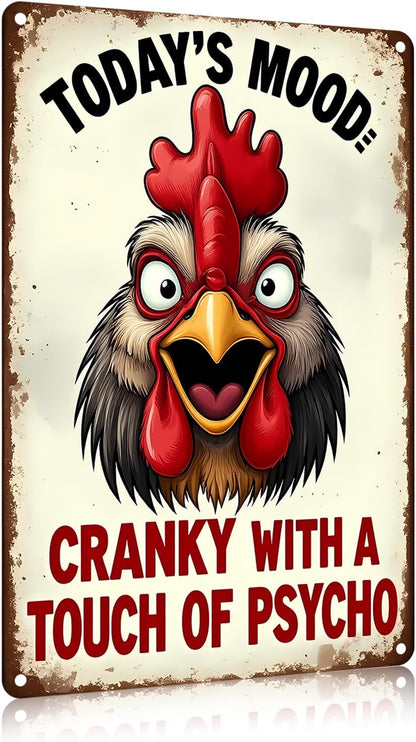 FunnySign Rooster Décor Today's Mood: Cranky With A Touch Of Psycho Rustic Tin Sign For Home Farm Chicken Coop Decor 8x12 Inch (9712)