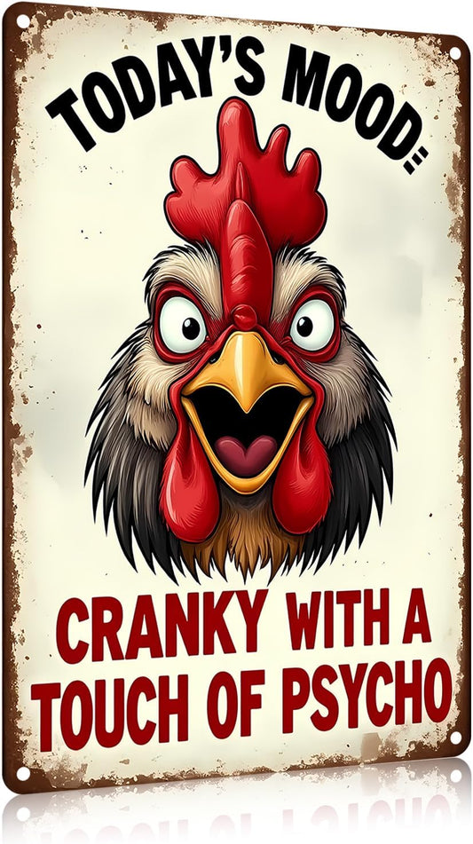 FunnySign Rooster Décor Today's Mood: Cranky With A Touch Of Psycho Rustic Tin Sign For Home Farm Chicken Coop Decor 8x12 Inch (9712)
