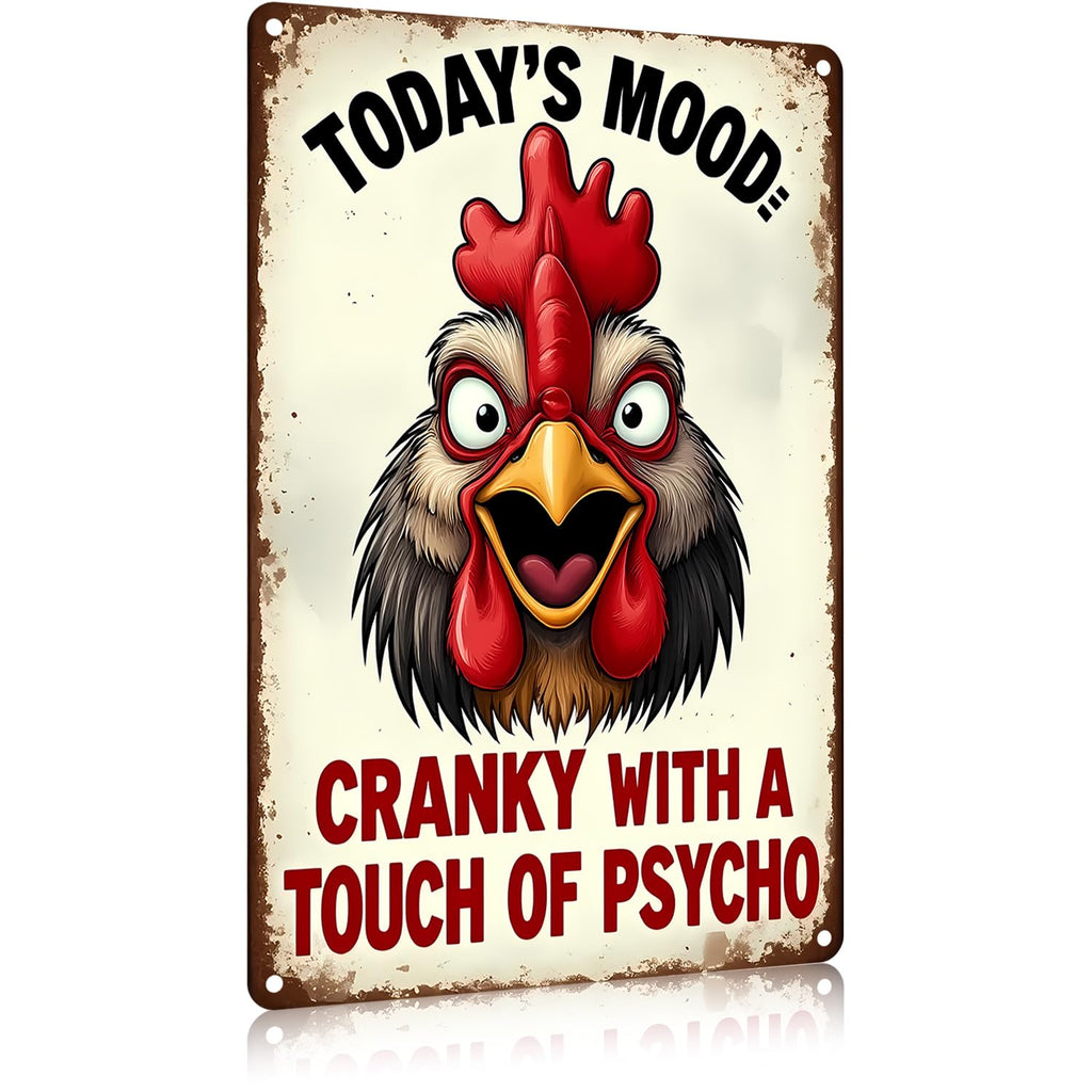 FunnySign Rooster Décor Today's Mood: Cranky With A Touch Of Psycho Rustic Tin Sign For Home Farm Chicken Coop Decor 8x12 Inch (9712)