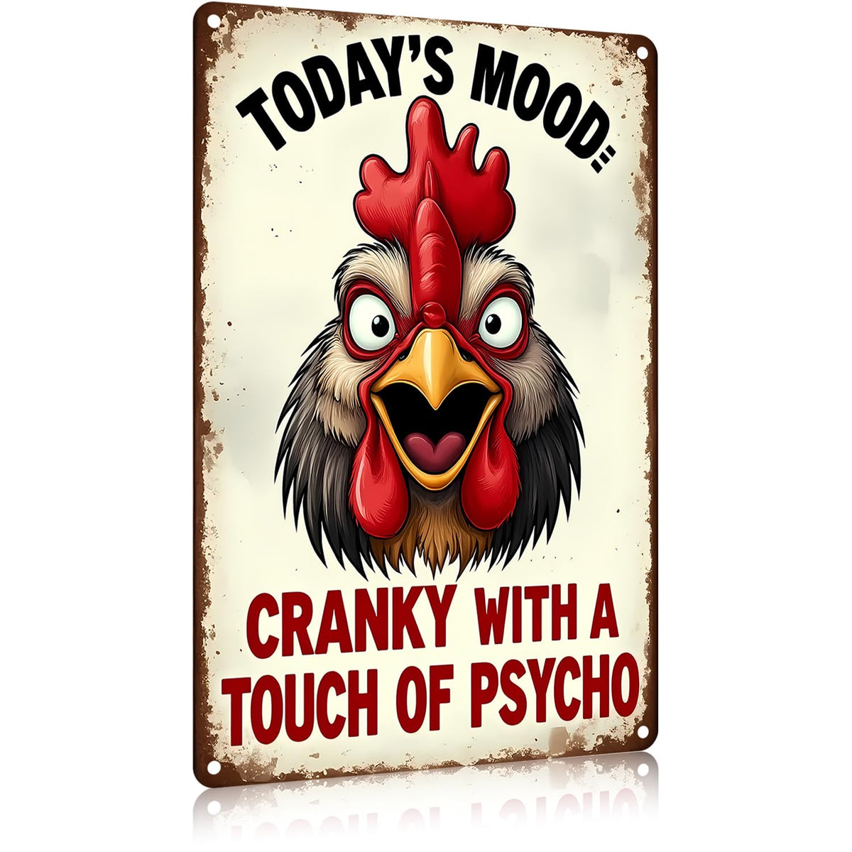 FunnySign Rooster Décor Today's Mood: Cranky With A Touch Of Psycho Rustic Tin Sign For Home Farm Chicken Coop Decor 8x12 Inch (9712)