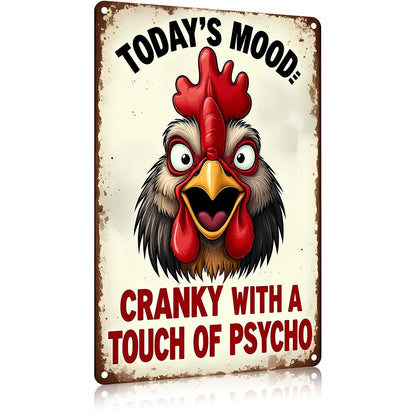 FunnySign Rooster Décor Today's Mood: Cranky With A Touch Of Psycho Rustic Tin Sign For Home Farm Chicken Coop Decor 8x12 Inch (9712)