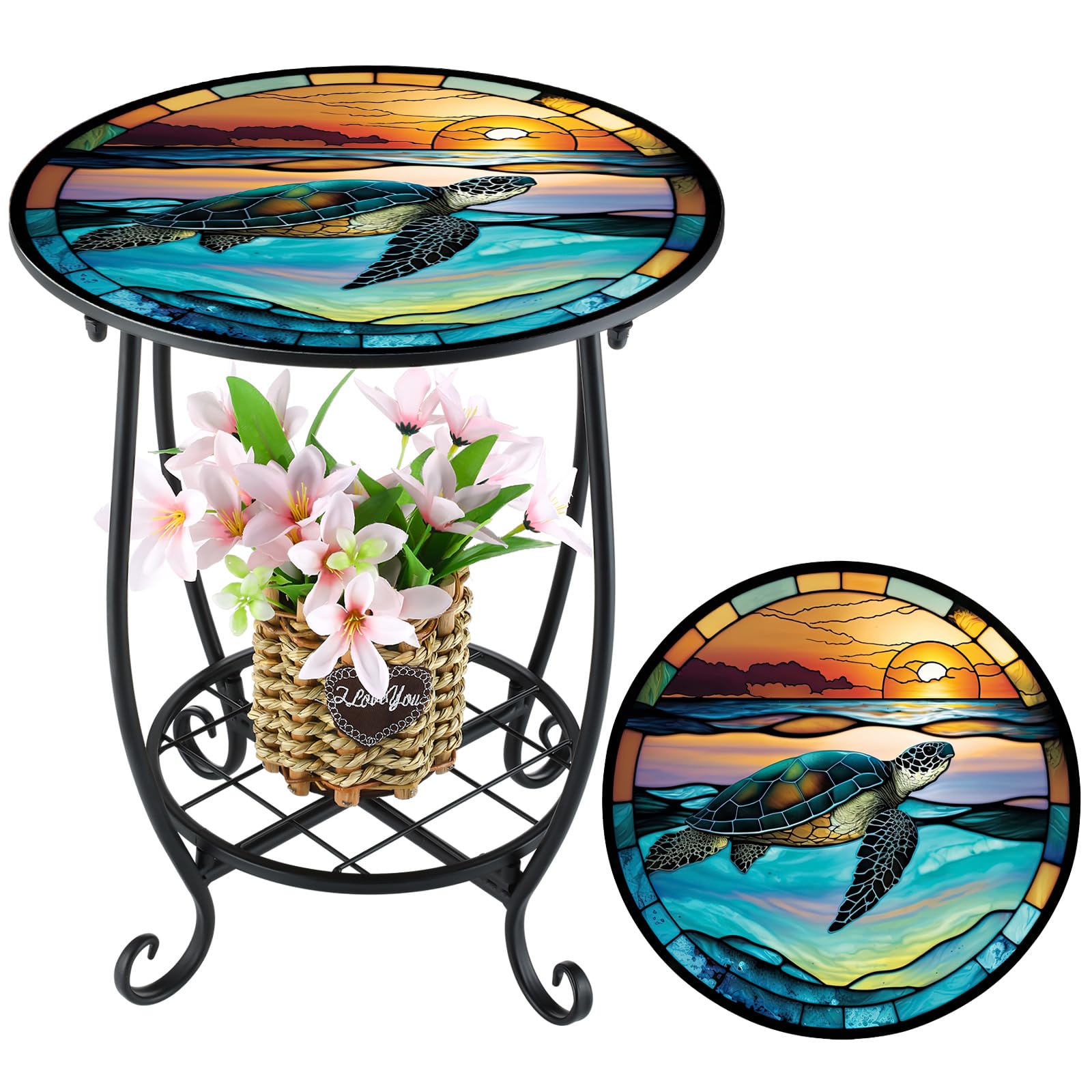 Cinnvoice Outdoor Side Table Round Small Mosaic Patio Accent Indoor End Plant Coffee Tea Table for Yard Patio Porch Garden Living Room, Bedroom(Butterfly Style,14 Inch)