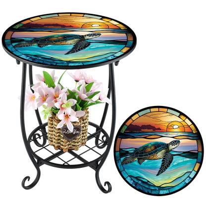Cinnvoice Outdoor Side Table Round Small Mosaic Patio Accent Indoor End Plant Coffee Tea Table for Yard Patio Porch Garden Living Room, Bedroom(Butterfly Style,14 Inch)