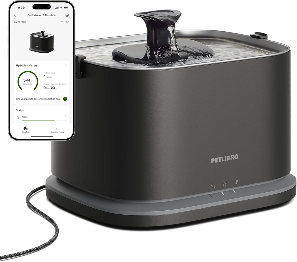 PETLIBRO Upgrade Cat Water Fountain Stainless Steel Tray, Dockstream 2 Cat Fountain Indoor, 3L/101oz Auto Cat Fountains for Drinking, App Monitoring Pet Water Fountain Dog, 5G WiFi Cat Water Dispenser