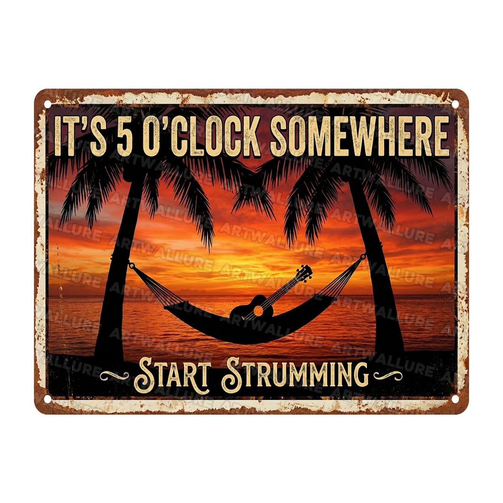 Acoustic Guitar Metal Tin Sign Nature Scenery Music Decor Vintage Wall Art Gift for Guitar Player Camping Lover 8x12Inch