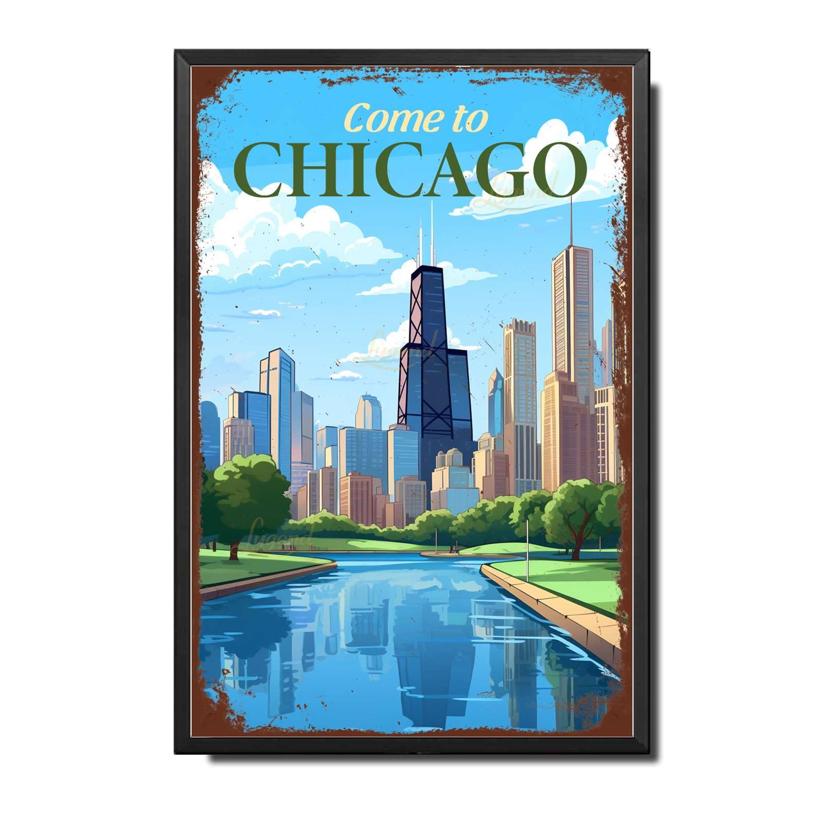 Lygond Metal Sign Tin Sign Vintage Wall Art Come to Chicago Travel Greenhouse Decor for Gift 8×12 Inches
