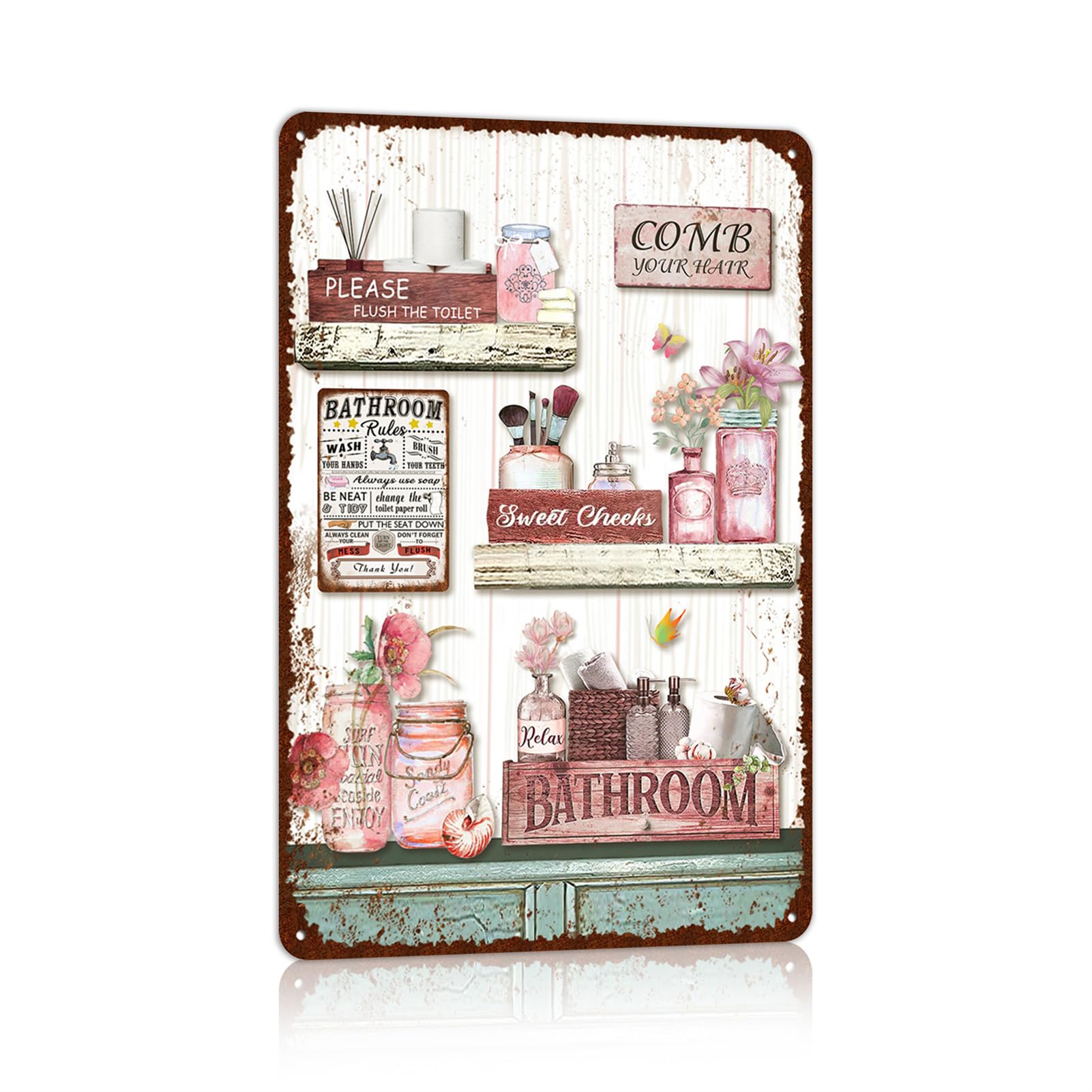 Vintage Farmhouse Bathroom Metal Tin Signs Rustic Flower Country Wall Art Decor 8X12 Inches