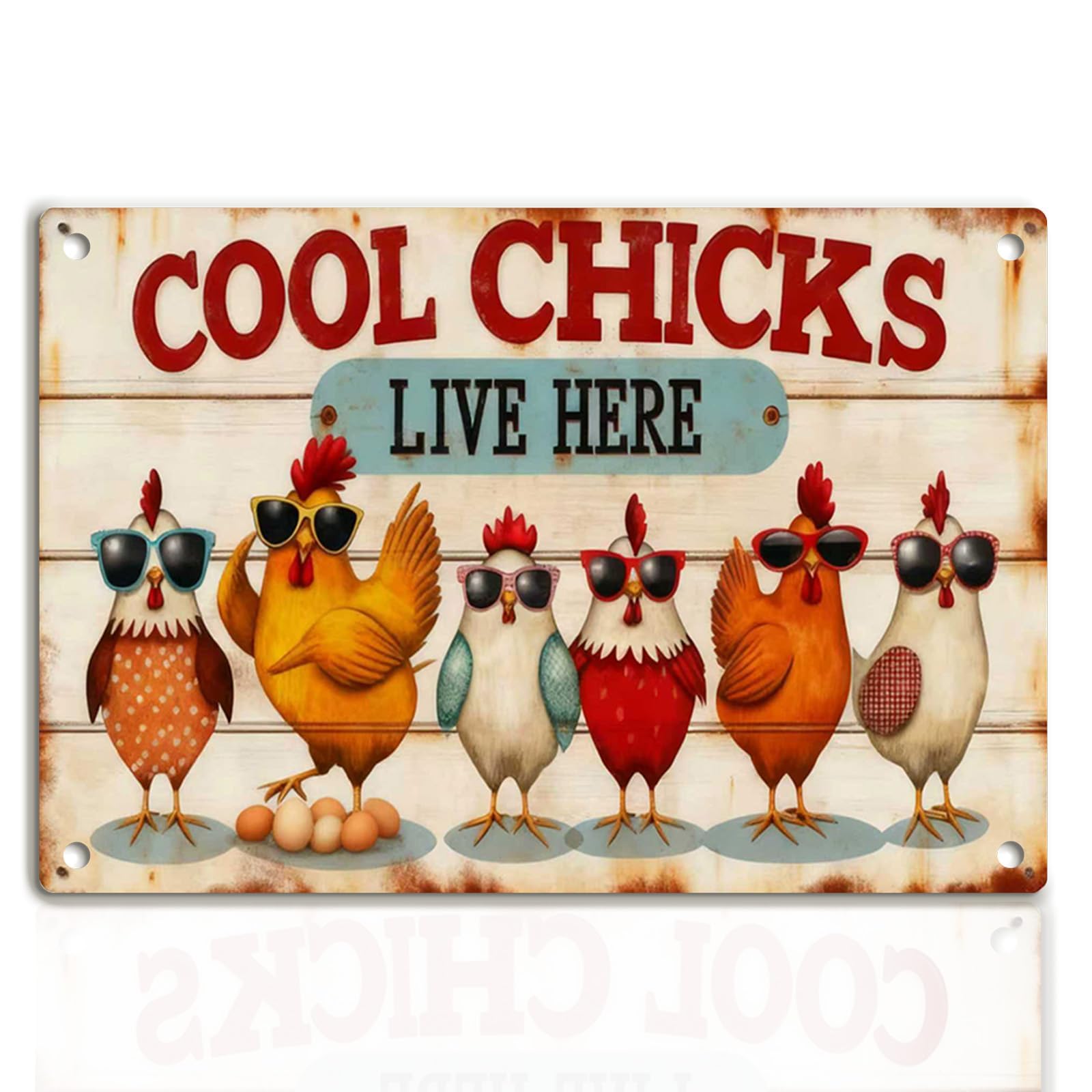 Chicken Metal Decor Sign Vintage Metal Tin Sign Wall Art Decor Cool Chicks Live Here Chicken Coop Signs Accessories for Outdoor Decorations Gifts for Women and Hen Lovers 8 X 12 Inch