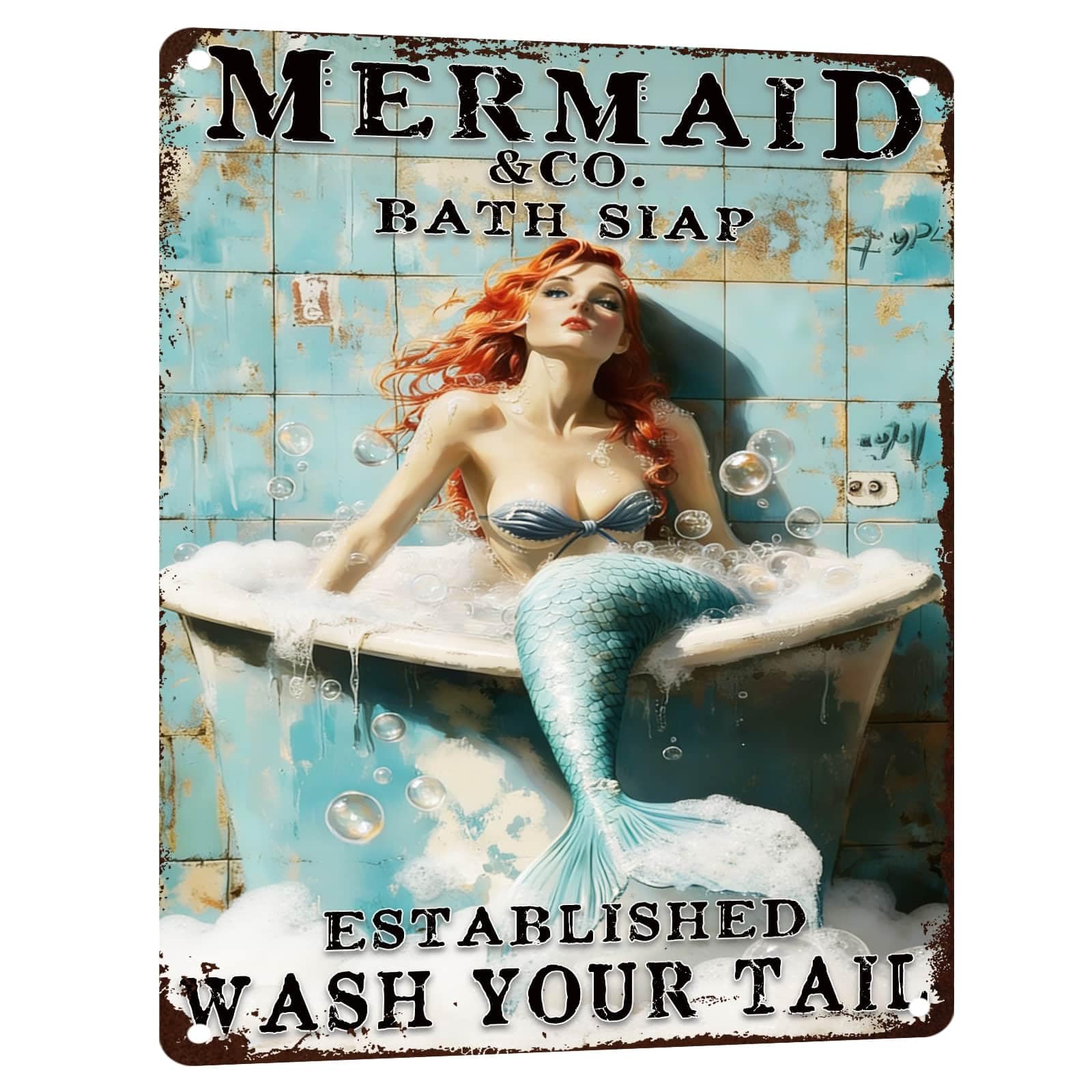 Mermaid Metal Tin Sign Vintage Mermaid Bathroom Decor Wall Art Rustic Funny Bathroom Sign for Home Restroom Washroom Decor 8x12 Inch