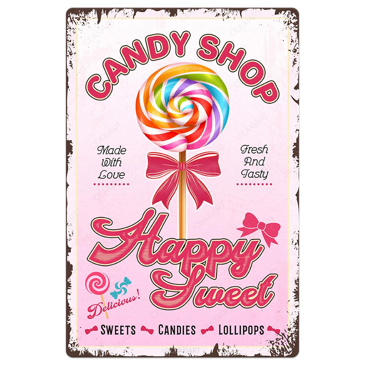 Candy Shop Tin Signs Sweets Candies Lollipops Desserts Store Vintage Poster Metal Sign Art Wall Decor for Home Kitchen Bar Cafe Retro Pink Hanging Plaque 8X12 Inch