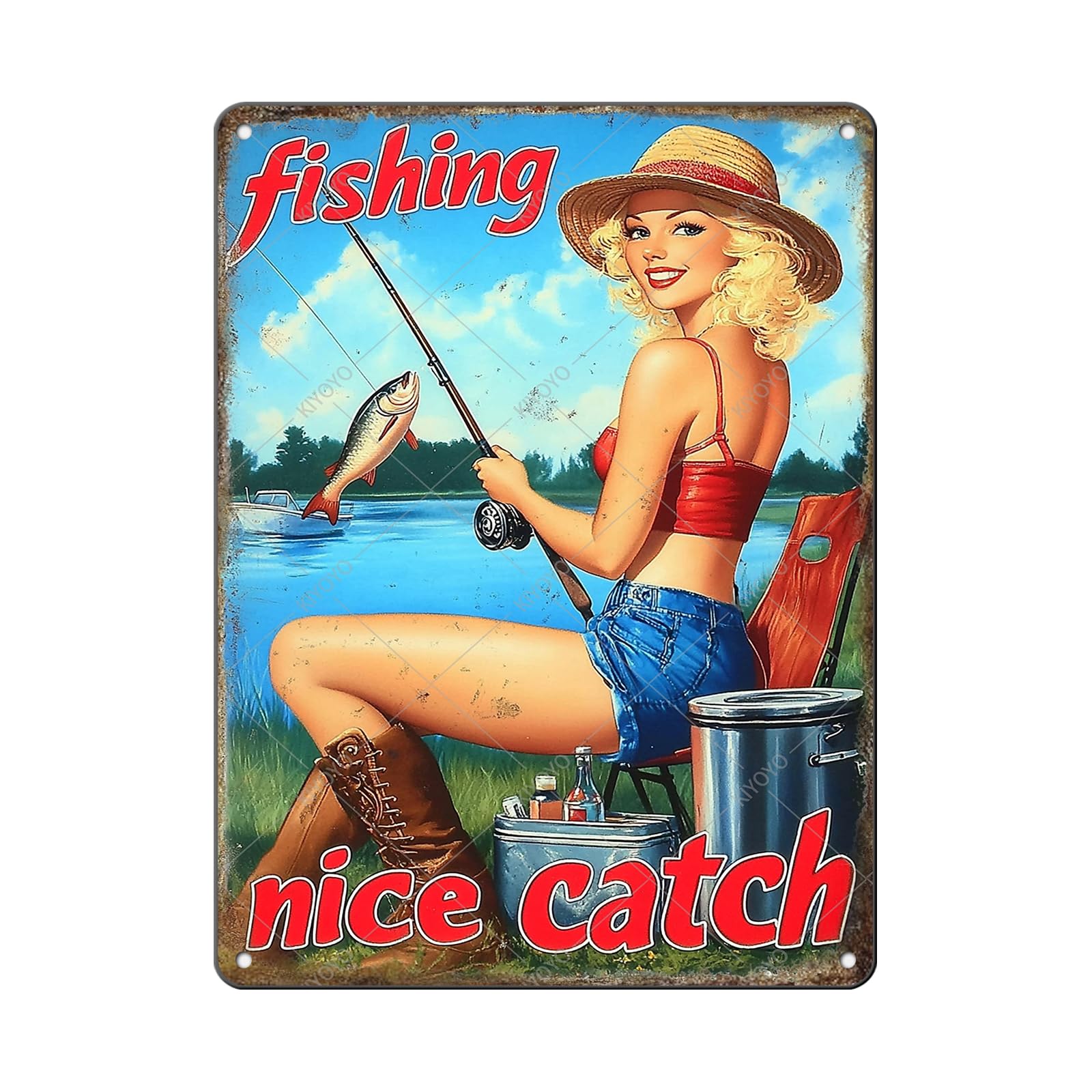 50s Pin up Girl Fishing Metal Tin Sign Open Fly Season Wall Decor Home Angler Cafes Lake House Seascape 12x8 Inch