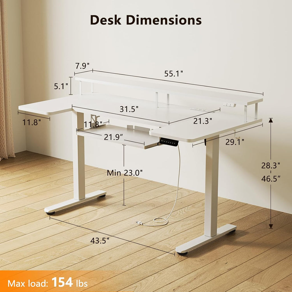 OffiGo U Shaped Electric Standing Desk with Keyboard Tray, 55 Inch Height Adjustable Desk with Power Outlets & LED Lights, Sit Stand Table with Monitor Stand for Home, Office, White