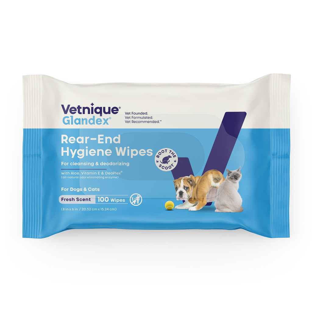 Vetnique Glandex Rear End Wipes for Dogs & Cats, Anal Gland Hygiene & Deodorizing Dog Wipes for Paws and Butt, Boot The Scoot with DeoPlex Enzyme, Aloe & Vitamin E (75ct)