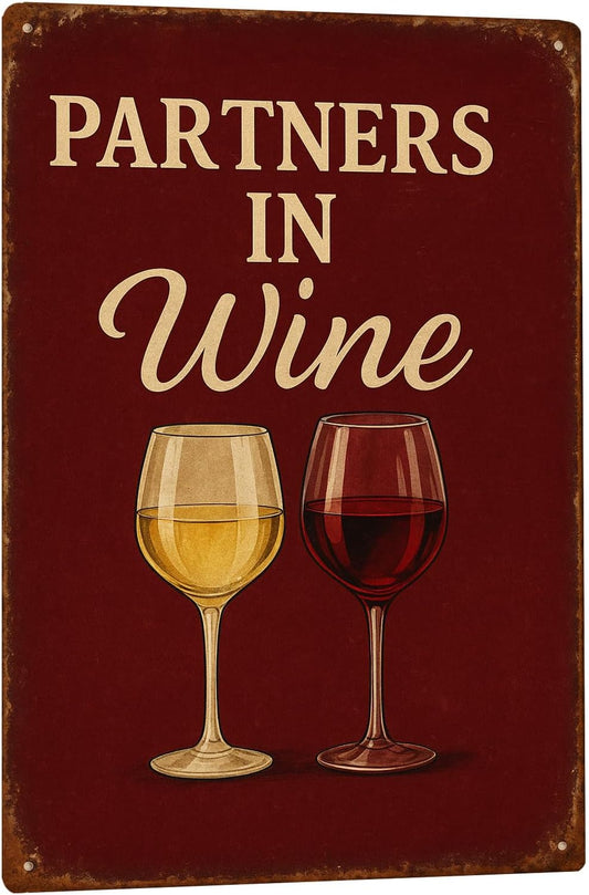 Funny Bar Signs for Home Bar Decor, Partners In Wine Sign - Man Cave Decor Retro Bar Wall Sign Vintage Metal Tin Sign for Home Kitchen Pub Decorations 8x12 Inch