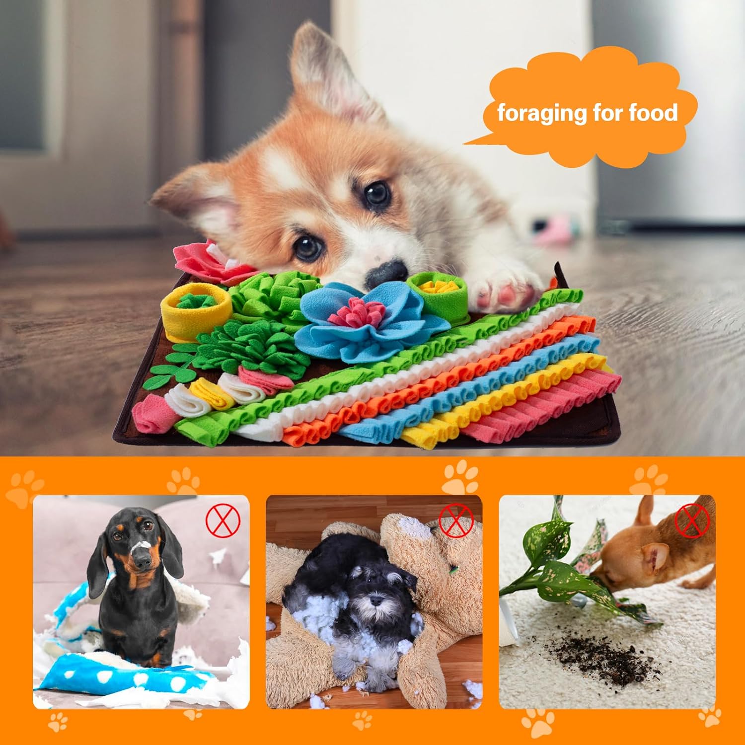 Snuffle Mat for Dogs, Sniff Mat Slow Feeding Mat for Small Pets Cats, Rabbits - Help Stress Relief and Training - Stimulate Your Pet's Foraging Skills! (Brown)