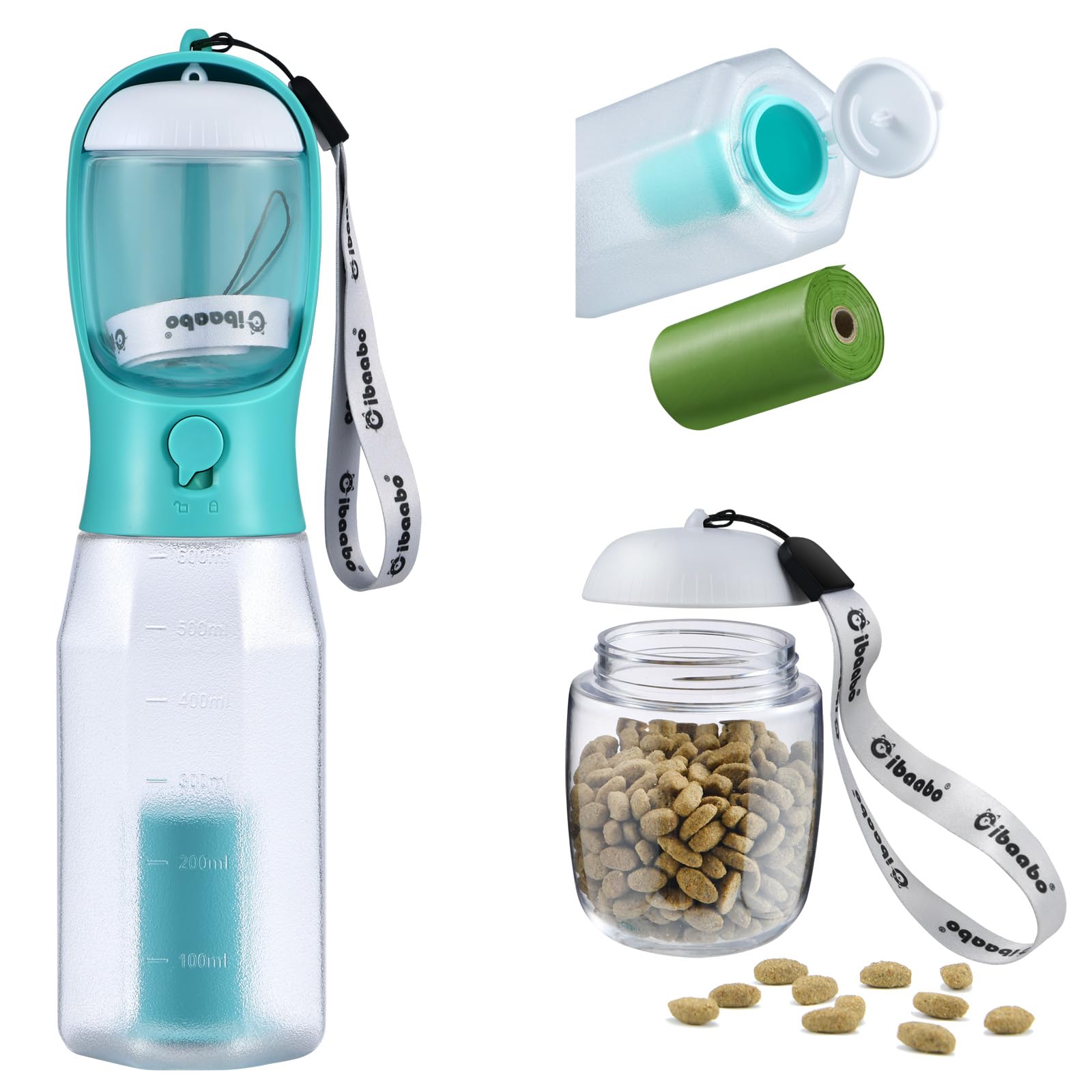 Cibaabo Dog Water Bottle with Food Container & Poop Bag Holder, Travel Water Bowl, Portable Pet Dispenser, Girl Dog Accessories Stuff Items Essentials Gift for Yorkie Chihuahua Walking Hiking