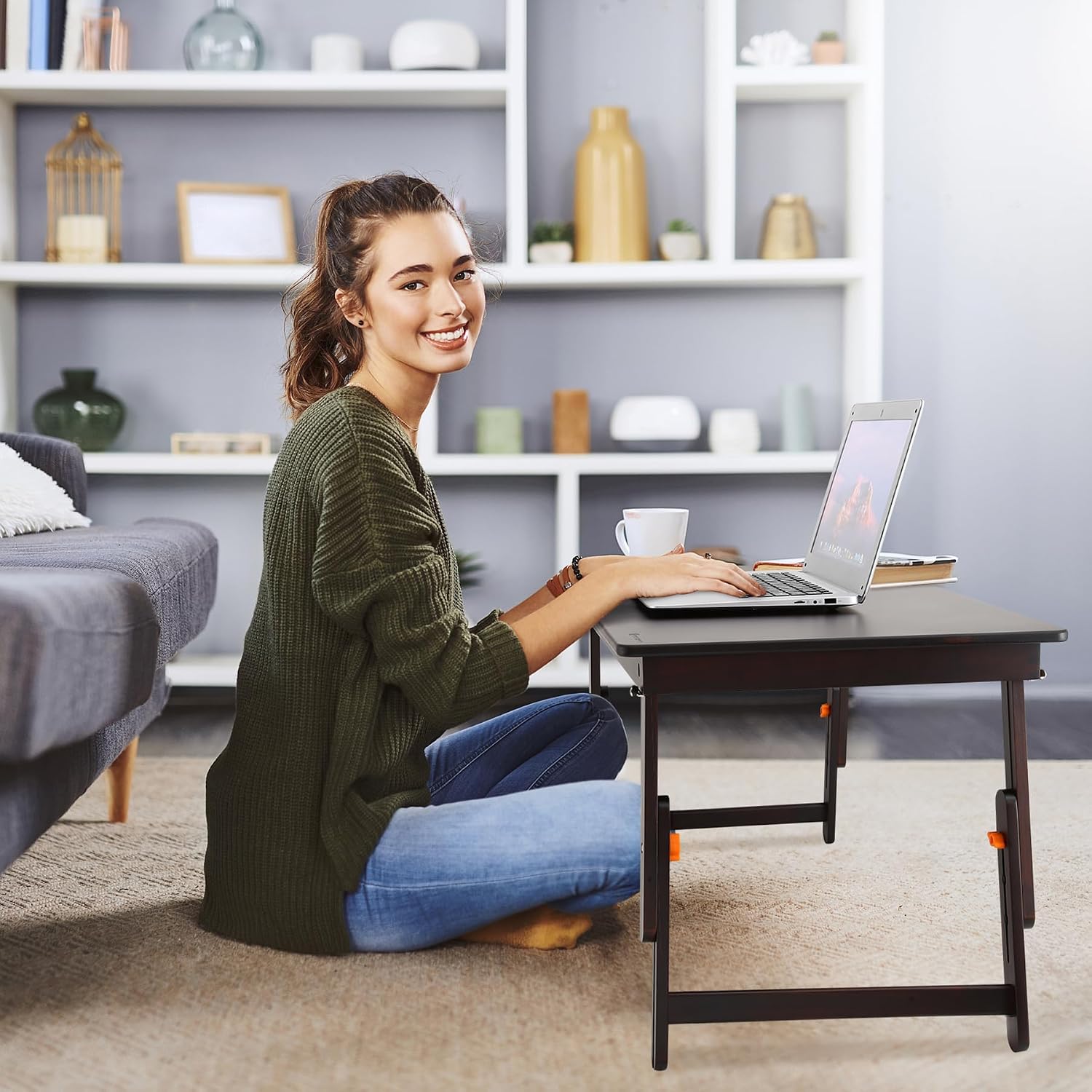 Nnewvante Large Size Floor Desk, Folding Low Coffee Table, No Assembly Required, Adjustable Floor Table for Breakfast Gaming Writing 33.5"x17.7" Black Walnut