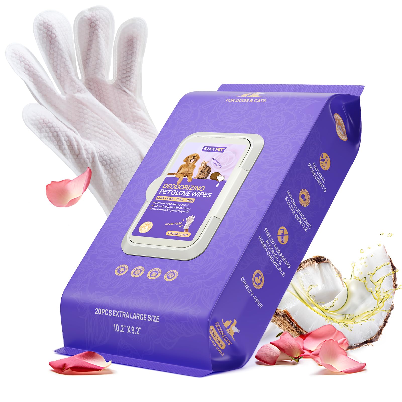 HICC PET Dog Wipes Cleaning Deodorizing Glove Wipes for Dogs, Cats & Horses, Vet Recommended Hypoallergenic Hydrating & Nourishing Pet Wipes for Eyes, Ears, Butt & Paws, No-Rinse, 6pcs Coconut Scent