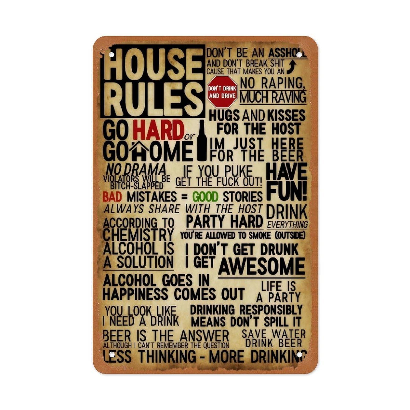 House Rules Metal Tin Sign – Black & White Family Rules Typography Poster, Chalkboard Farmhouse Rustic Wall Art for Entryway Kitchen Living Room, Vintage Home Decor 12x8 Inch