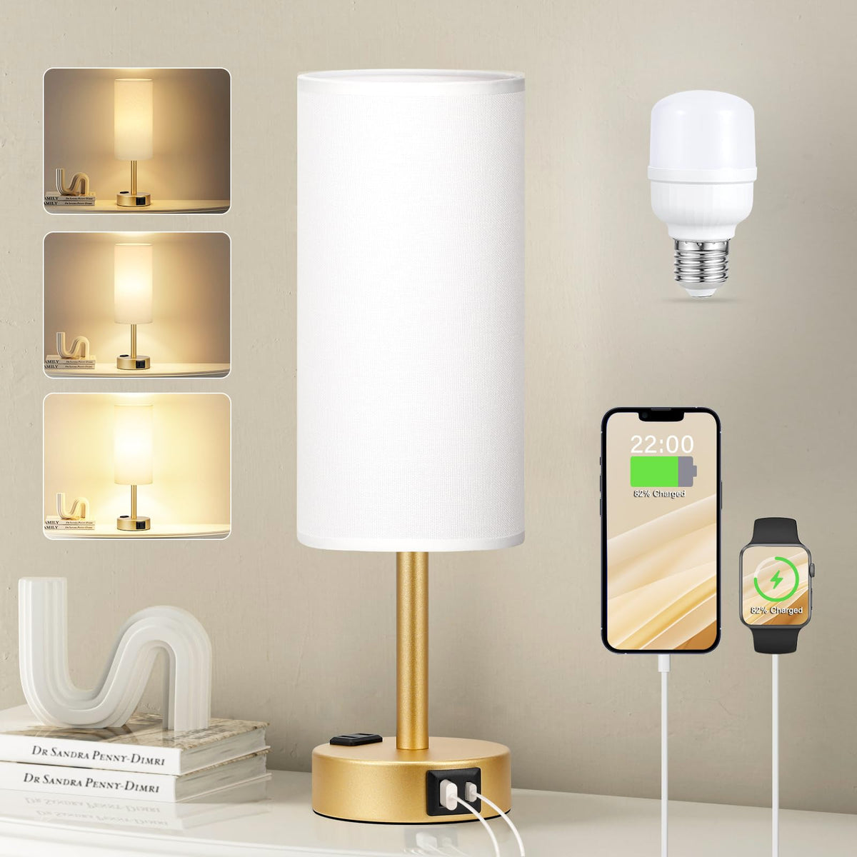 Fenmzee Bedside Table Lamp for Bedroom - 3 Way Dimmable Touch Lamp USB C Charging Ports and AC Outlet, Small Lamp Wood Base Round Flaxen Fabric Shade for Living Room, Desk, LED Bulb Included