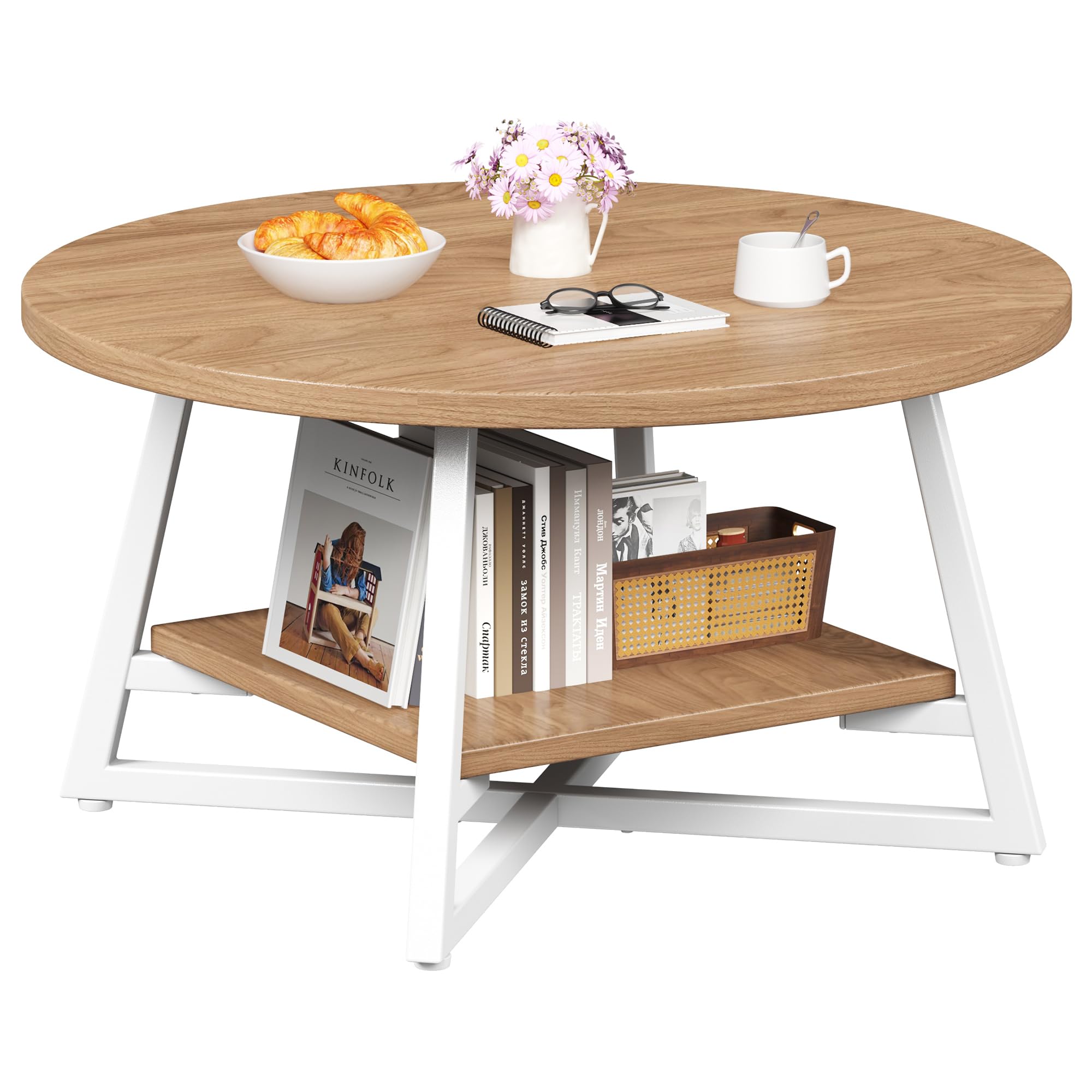 Round Coffee Table, Small Circle Coffee Table with Storage, Modern Wood Round Center Table for Living Room, Home Office, Small Space, Easy Assembly, Rustic Brown