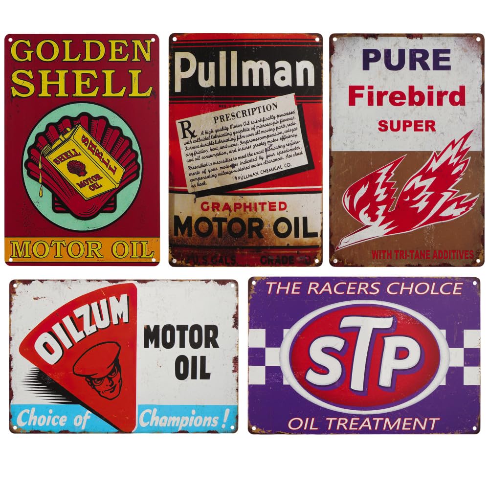 Vintage Tin Signs, Set of 5, Motor Oil and Automotive Advertisements, Metal, 8 x 12 Inches (Yellow)