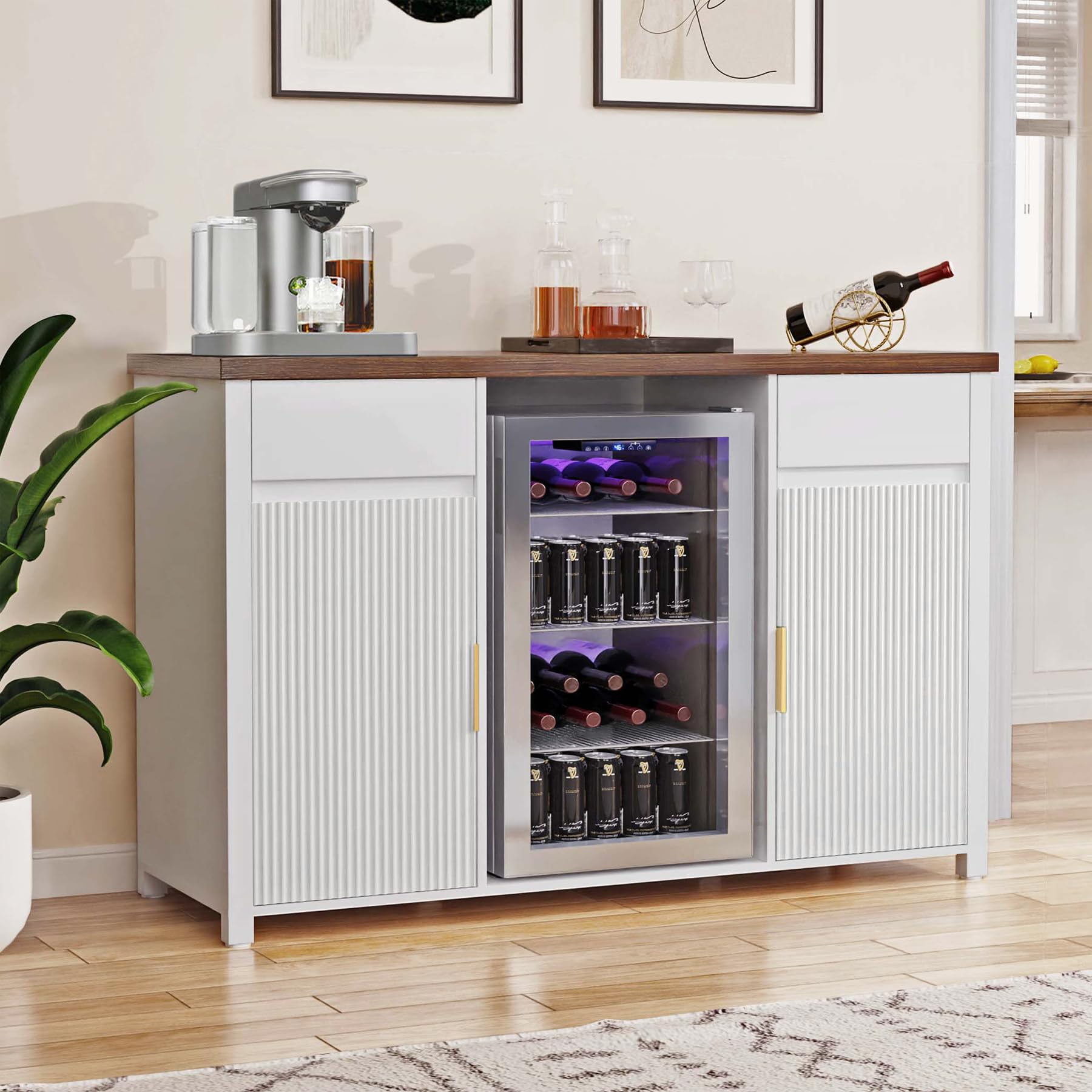 GDLF Large Coffee Bar Cabinet with Fridge Space, Mini Fridge Cabinet with Wine Storage, Buffet Sideboard Table for Home, Fluted Modern Design,53.2" L
