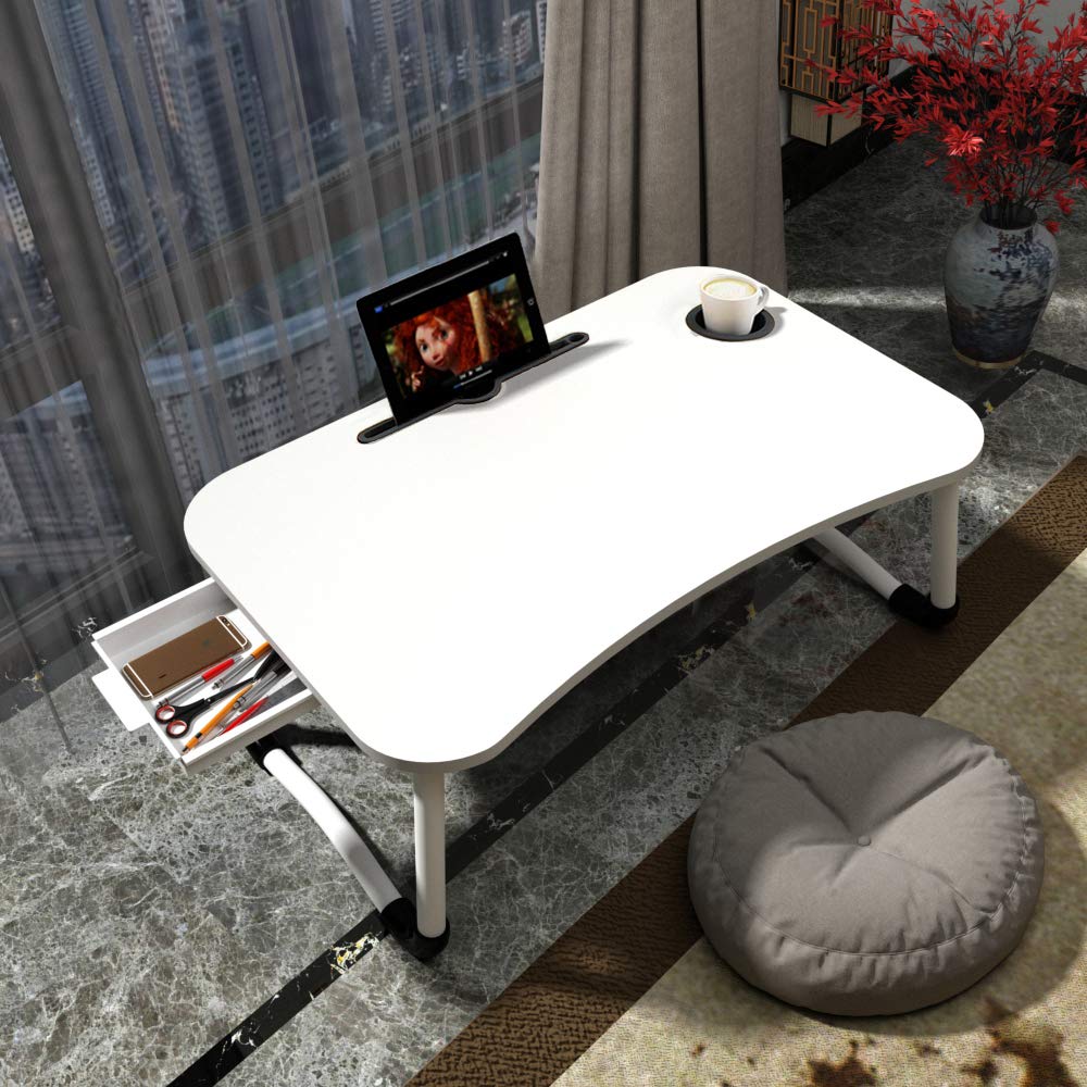 Home Office Lap Desk with Storage Drawer, Cup and Phone Holder, Laptop Bed Tray Table, 23.6" Foldable Desk, Laptop Stand for Breakfast, Working, Writing, Gaming and Drawing