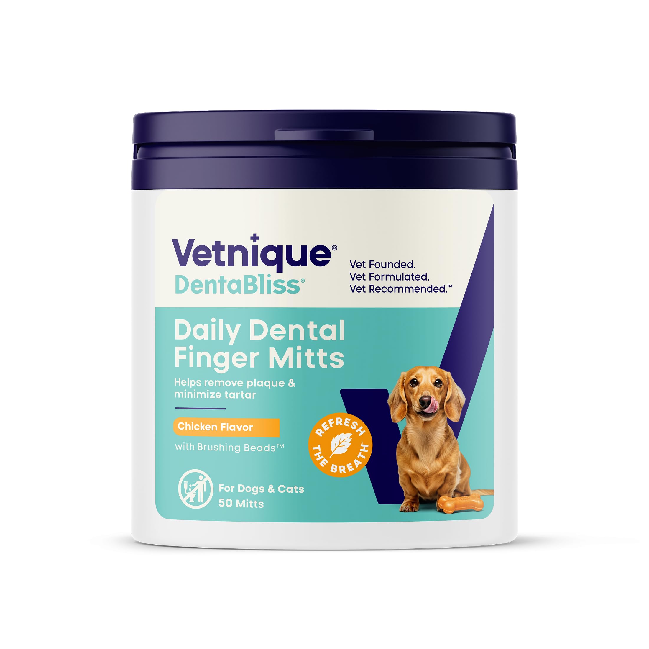 Vetnique Dentabliss Cat & Dog Teeth Cleaning Dental Wipes, Dog Toothbrush Alternative Finger Mitt Pet Wipes, Tartar & Breath Freshener, Vet Formulated Pet Dental Care, 50ct (Peppermint Flavored)